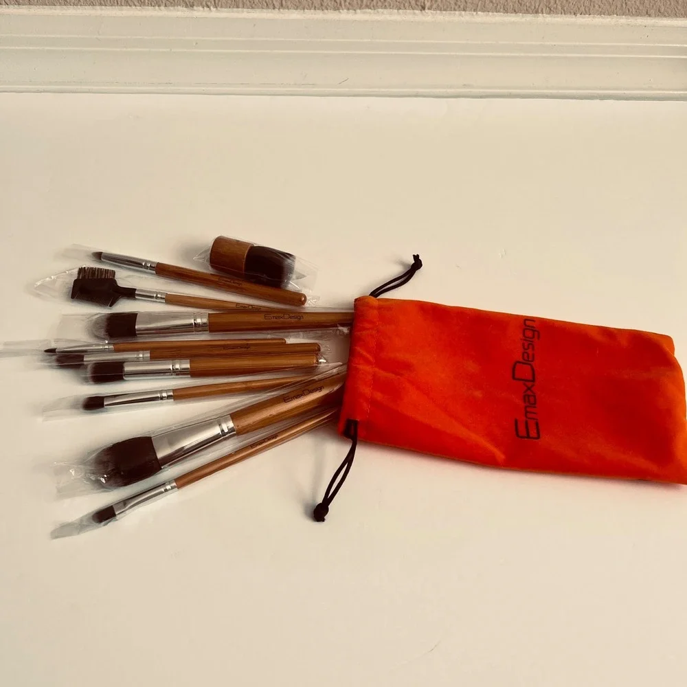 NEW EmaxDesign 12 Piece Makeup Brush Set Bamboo Handle‎ Soft Bristles Cosmetic